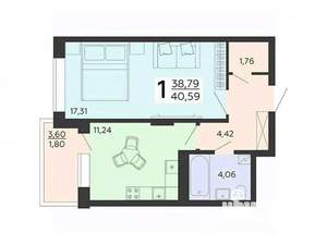 1-к квартира, вторичка, 41м2, 15/18 этаж