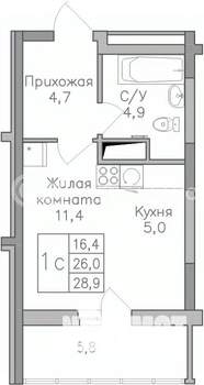 Студия квартира, строящийся дом, 29м2, 20/25 этаж