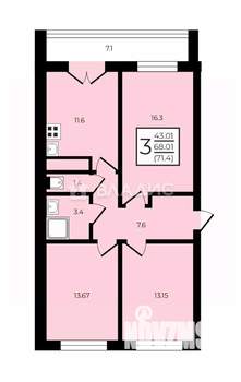 3-к квартира, вторичка, 71м2, 10/15 этаж