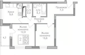 2-к квартира, строящийся дом, 55м2, 18/25 этаж