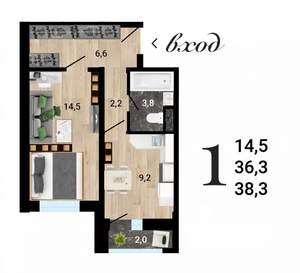 1-к квартира, вторичка, 38м2, 8/15 этаж