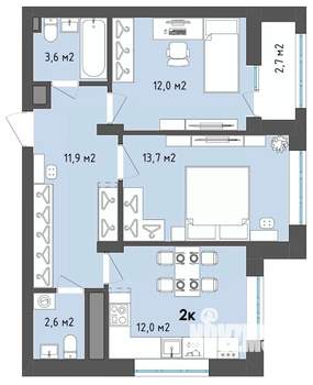 2-к квартира, сданный дом, 57м2, 6/13 этаж