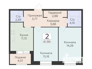 2-к квартира, строящийся дом, 62м2, 2/10 этаж