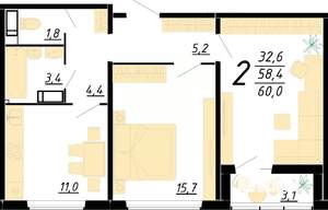 2-к квартира, строящийся дом, 60м2, 11/20 этаж