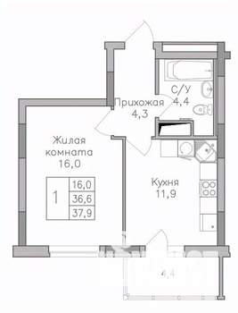 1-к квартира, строящийся дом, 38м2, 22/25 этаж