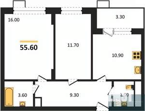 2-к квартира, вторичка, 56м2, 6/13 этаж