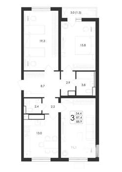 3-к квартира, вторичка, 89м2, 7/19 этаж