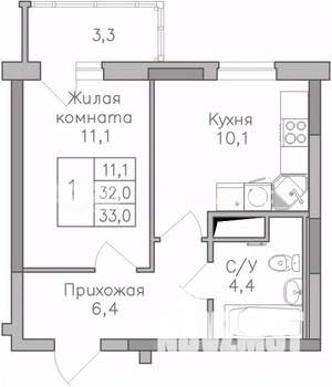 1-к квартира, строящийся дом, 33м2, 7/25 этаж