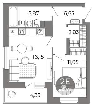 2-к квартира, вторичка, 45м2, 6/25 этаж
