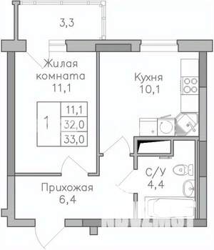 1-к квартира, строящийся дом, 33м2, 19/25 этаж
