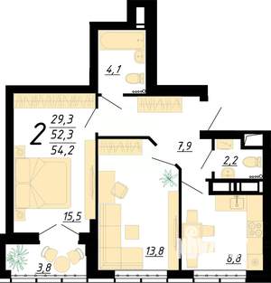 2-к квартира, строящийся дом, 54м2, 8/25 этаж