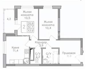 2-к квартира, строящийся дом, 54м2, 20/25 этаж