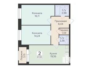2-к квартира, строящийся дом, 68м2, 2/12 этаж