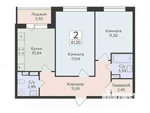 2-к квартира, вторичка, 61м2, 5/18 этаж
