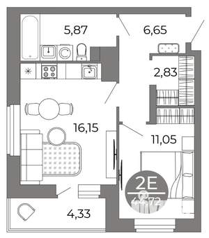 2-к квартира, вторичка, 45м2, 7/25 этаж