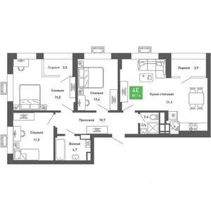 4-к квартира, строящийся дом, 87м2, 13/14 этаж