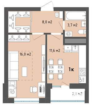 1-к квартира, строящийся дом, 41м2, 2/13 этаж