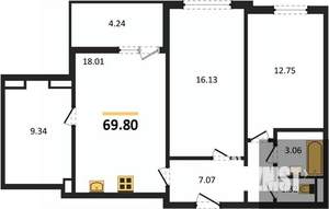 2-к квартира, вторичка, 70м2, 5/18 этаж