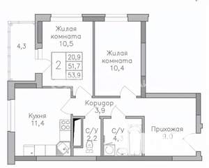 2-к квартира, строящийся дом, 54м2, 14/25 этаж