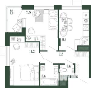 2-к квартира, строящийся дом, 50м2, 7/13 этаж