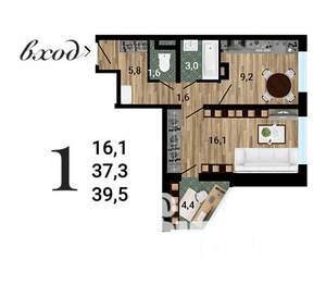 1-к квартира, строящийся дом, 40м2, 12/15 этаж