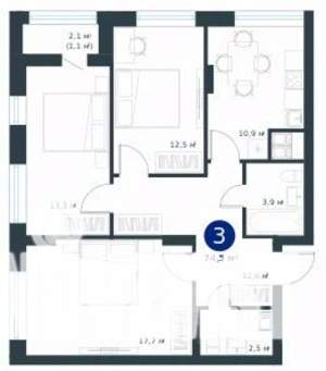 3-к квартира, строящийся дом, 75м2, 12/25 этаж