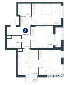 3-к квартира, строящийся дом, 95м2, 6/25 этаж