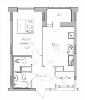 1-к квартира, строящийся дом, 43м2, 8/10 этаж