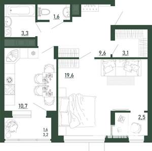 1-к квартира, строящийся дом, 52м2, 1/13 этаж