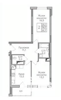 2-к квартира, строящийся дом, 62м2, 20/25 этаж