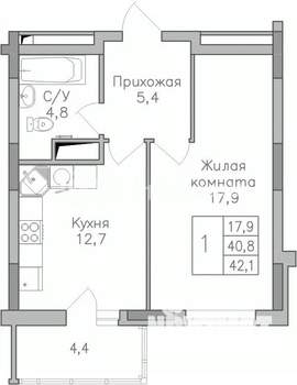 1-к квартира, строящийся дом, 42м2, 18/25 этаж
