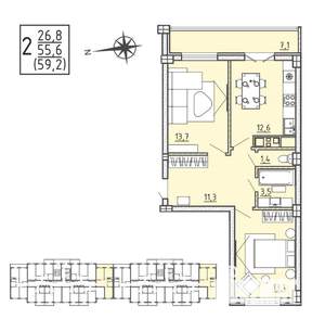 2-к квартира, вторичка, 58м2, 6/15 этаж