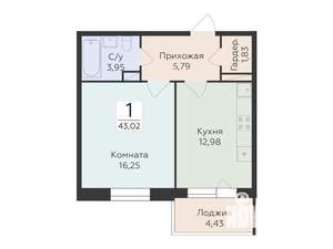 1-к квартира, строящийся дом, 43м2, 4/12 этаж