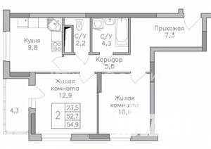 2-к квартира, строящийся дом, 55м2, 12/25 этаж