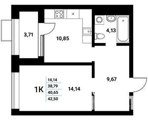 1-к квартира, строящийся дом, 41м2, 5/21 этаж
