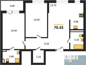 2-к квартира, вторичка, 70м2, 6/24 этаж