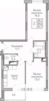 2-к квартира, строящийся дом, 62м2, 25/25 этаж
