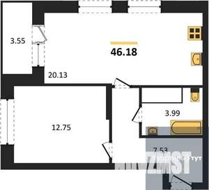 1-к квартира, вторичка, 46м2, 25/25 этаж