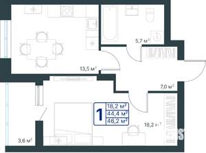 1-к квартира, строящийся дом, 46м2, 2/25 этаж