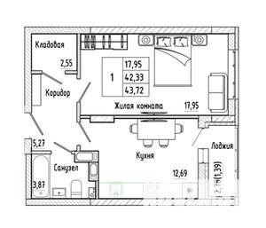 1-к квартира, строящийся дом, 44м2, 6/17 этаж