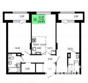3-к квартира, строящийся дом, 76м2, 6/9 этаж