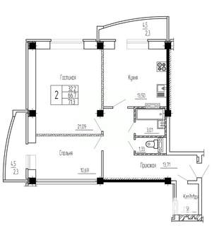 2-к квартира, строящийся дом, 71м2, 9/16 этаж