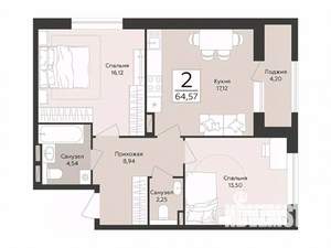 2-к квартира, строящийся дом, 65м2, 4/14 этаж