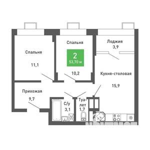 2-к квартира, строящийся дом, 54м2, 8/14 этаж