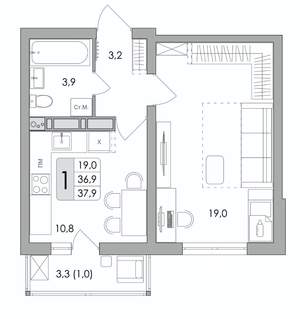 1-к квартира, вторичка, 38м2, 9/17 этаж