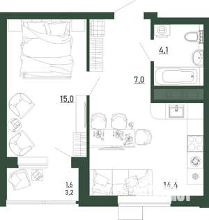 1-к квартира, строящийся дом, 42м2, 6/13 этаж