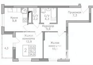 2-к квартира, строящийся дом, 55м2, 21/25 этаж