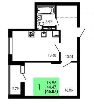 1-к квартира, строящийся дом, 46м2, 8/9 этаж