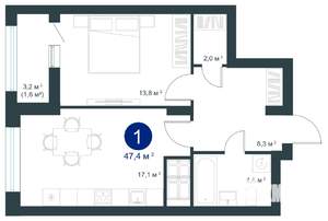 1-к квартира, строящийся дом, 47м2, 22/25 этаж