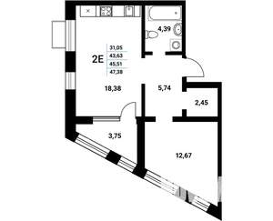 2-к квартира, строящийся дом, 47м2, 14/21 этаж